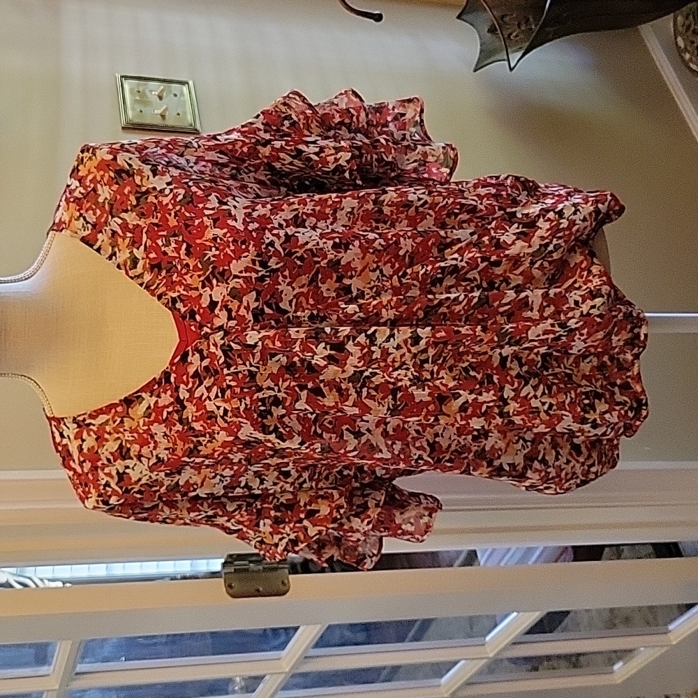 Liz Claiborne 2pc red brown gold top semisheer floral ruffle top red tank Small…